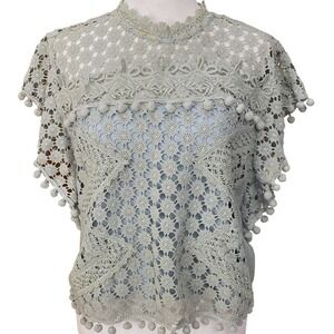 Revolve Tularosa Kennedy Blouse Crochet Knit Mock Neck Cotton Blue Size Medium